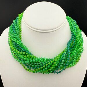 Vintage Multi-Strand Green Plastic Beaded Collar Necklace With Gold-Tone Ornate